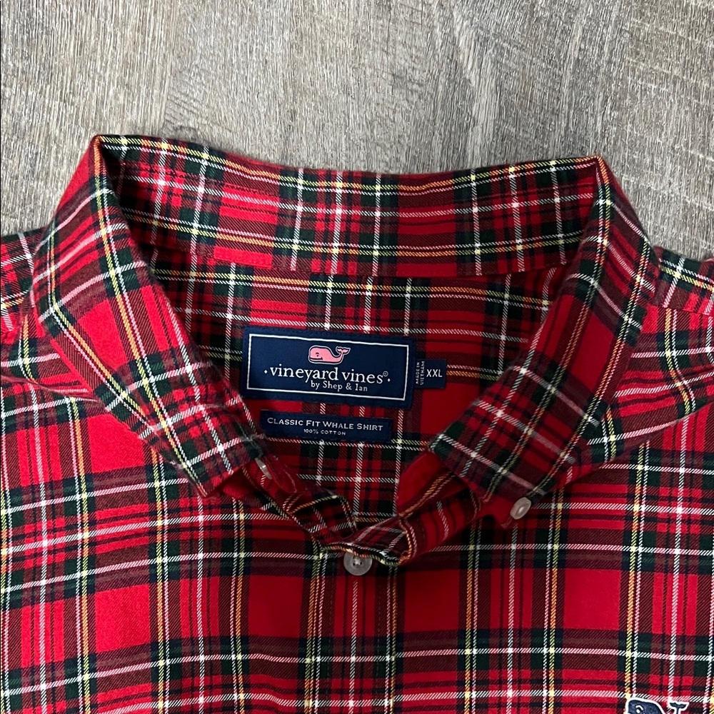 Vineyard Vines Men's Red and Green Plaid Shirt
